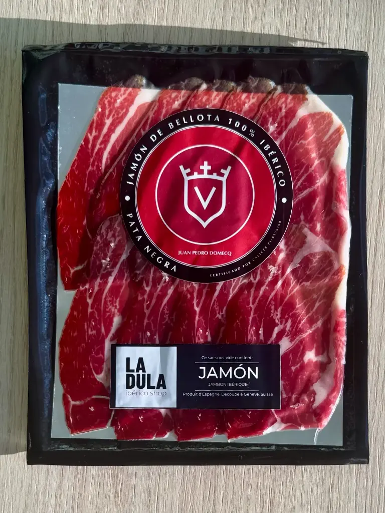 Jamón 100% Ibérico de Bellota Pata Negra, 42 mois, tranché 80gr. - JPD